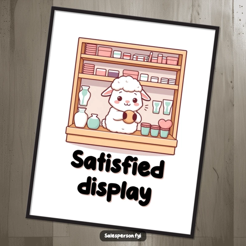 Funny content sheep neatly arranging items on a shelf with a satisfied hum, as a digital art print, a funny gift.