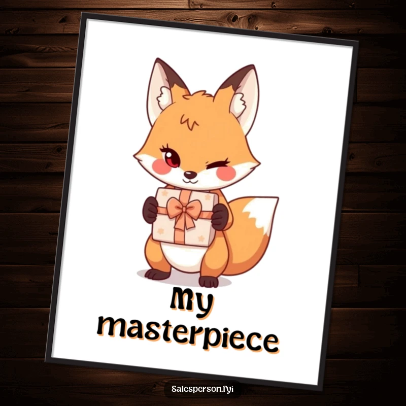 Funny sly fox digital art, featuring a playful wink and gift box, offering immediate humorous wall decor.
