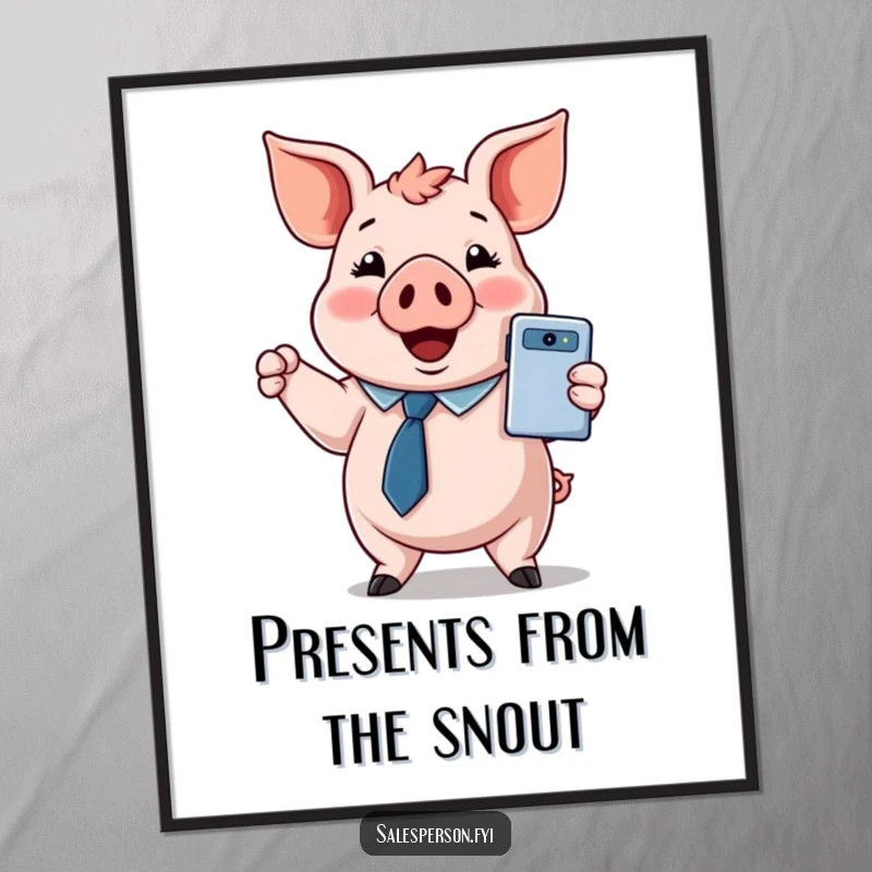 Funny digital art print of a cheerful pig in a tie, proudly presenting a shiny new gadget.