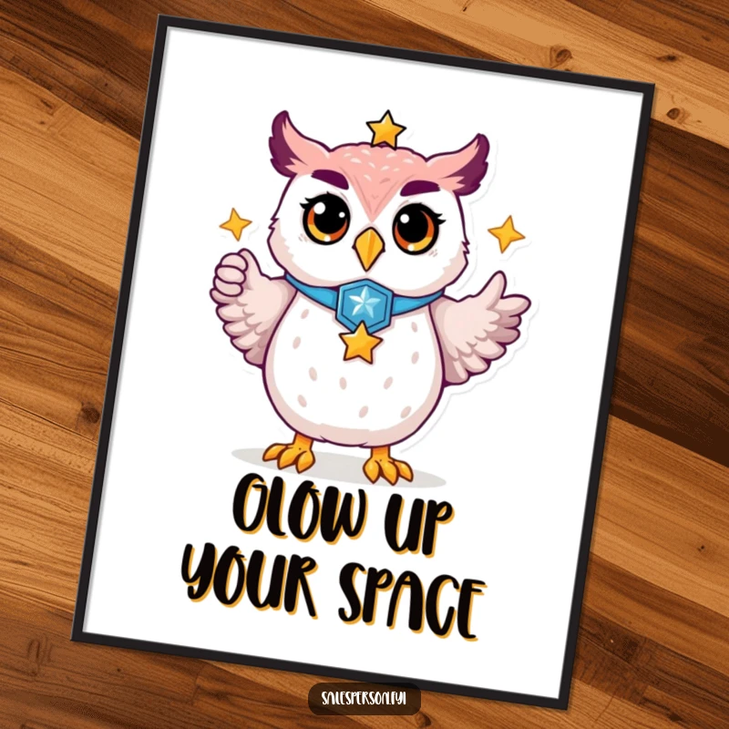Funny digital art of a proud owl wearing a badge, pointing towards a golden star, ready to be printed and displayed.