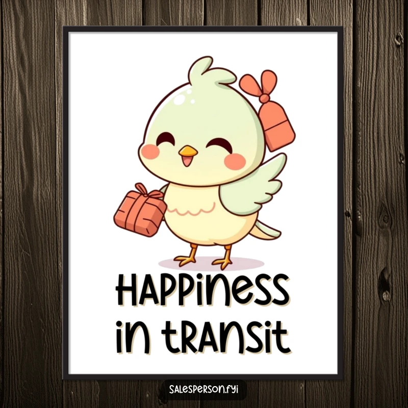 Funny digital art print of a cheerful bird smiling and handing over a small bundle, bringing joy.