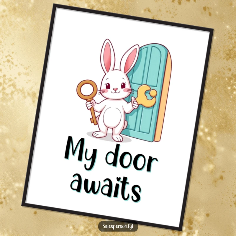 Funny digital art print of a rabbit holding a large key and pointing to a door, perfect for wall decor, a memorable funny gift.