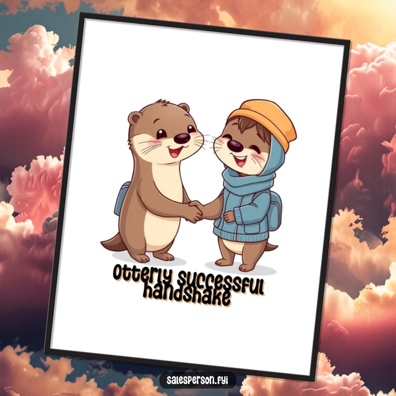 Funny Digital Art Print of a smiling otter shaking hands with a delighted customer, symbolizing successful transactions and good humor.