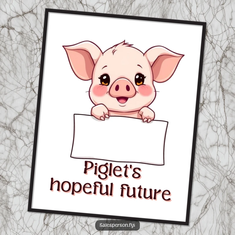 Funny Digital Art Print of a curious piglet pointing towards a banner with a hopeful expression, symbolizing dreams and optimism.