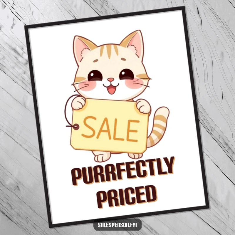Funny digital art print of a happy cat holding a price tag with a big SALE sign.