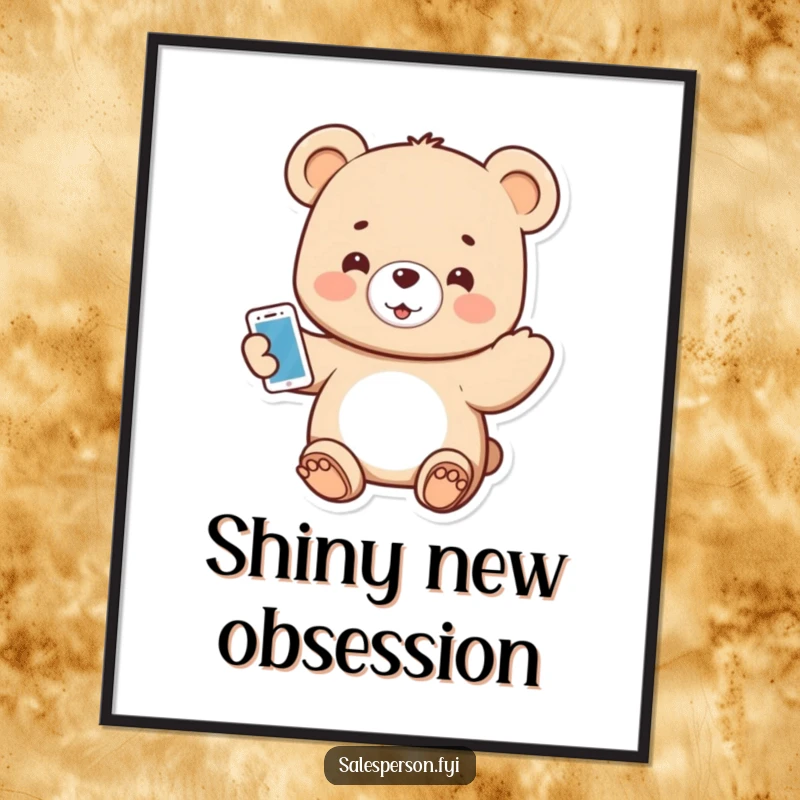 Funny digital art print of a small bear excitedly presenting a shiny new gadget with a welcoming smile.