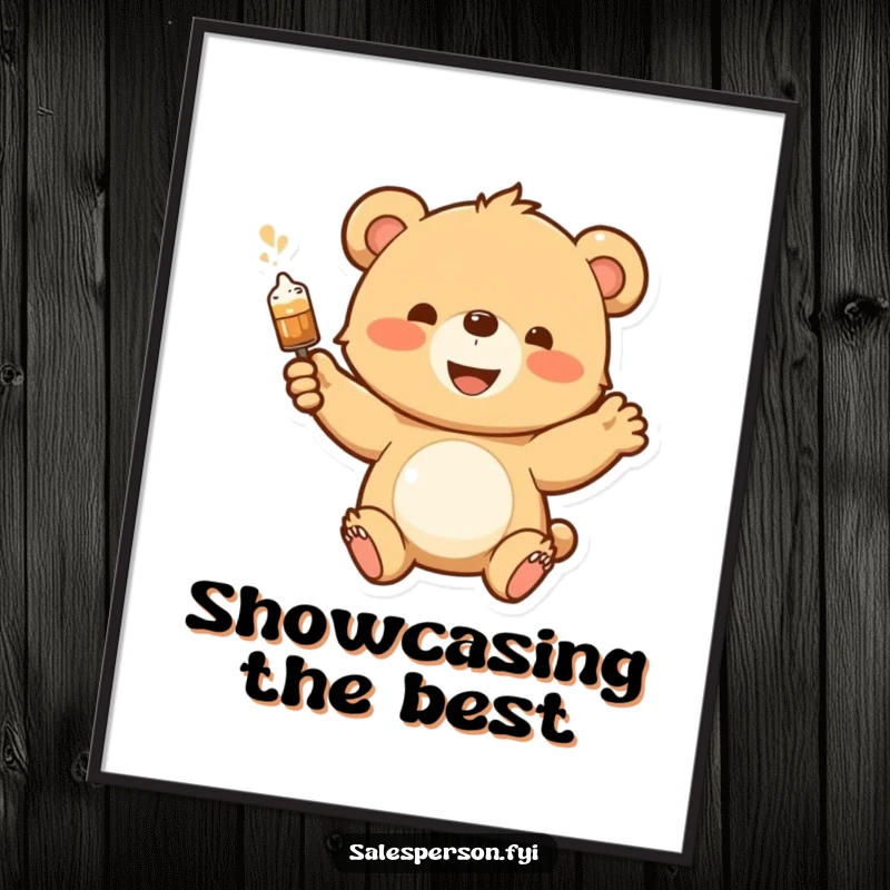 Funny digital art print of a happy bear cub enthusiastically demonstrating a product with a flourish, creating a lively and humorous wall piece.
