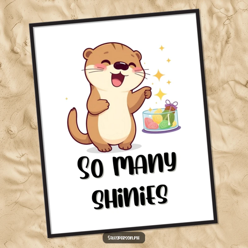 Funny otter digital art print of a playful creature pointing at sparkling goods, conveying humorous excitement. Instant cute gift.