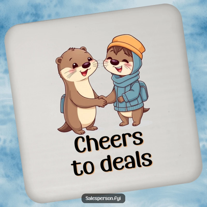 Funny Drink Coaster featuring a smiling otter shaking hands with a delighted customer, adding a touch of humorous professionalism.