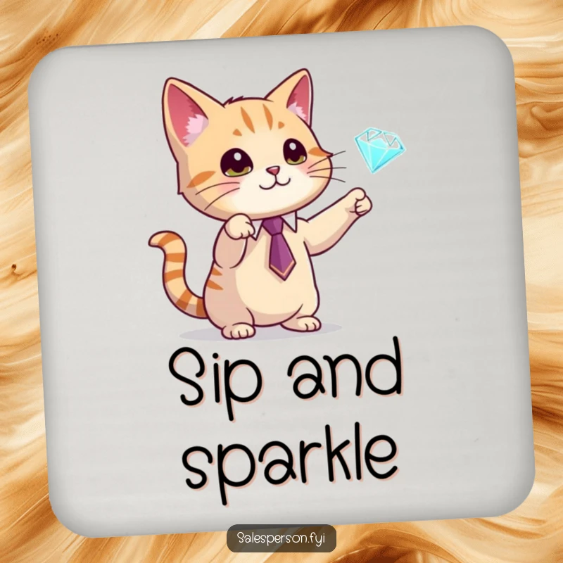 Funny coaster with a cat wearing a tie and gesturing towards a diamond, protecting surfaces with style, a charming funny gift.