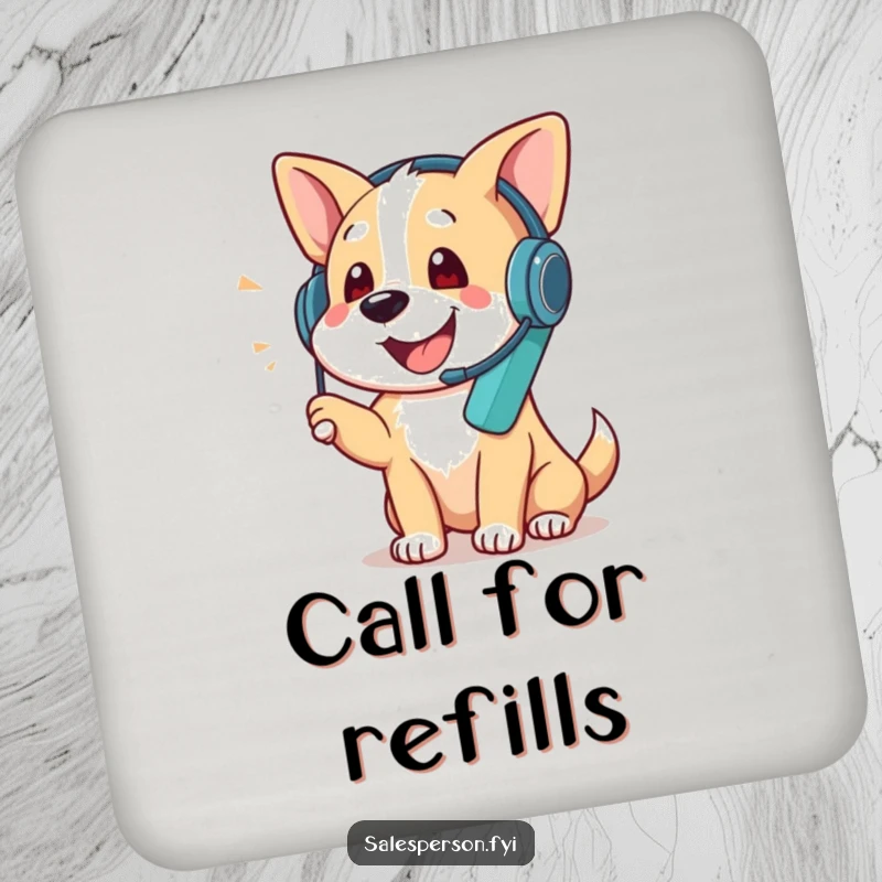 Funny coaster with a dog wearing a headset and talking on the phone, protecting surfaces with style, a charming funny gift.