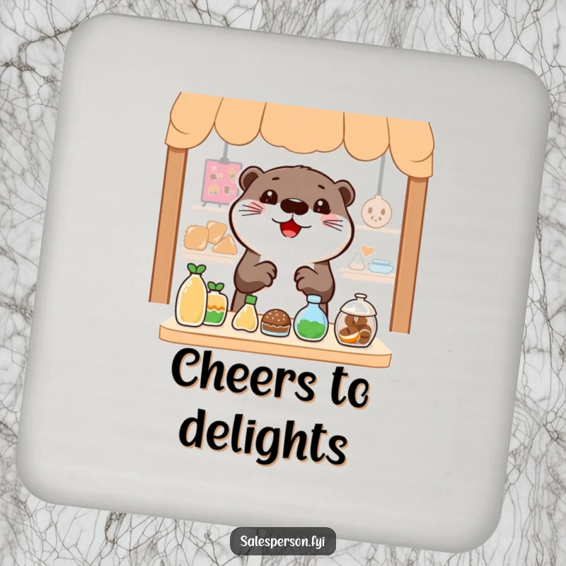 Funny Otter Coaster: Cheerful otter gesturing widely towards enticing items, protecting surfaces with charm.
