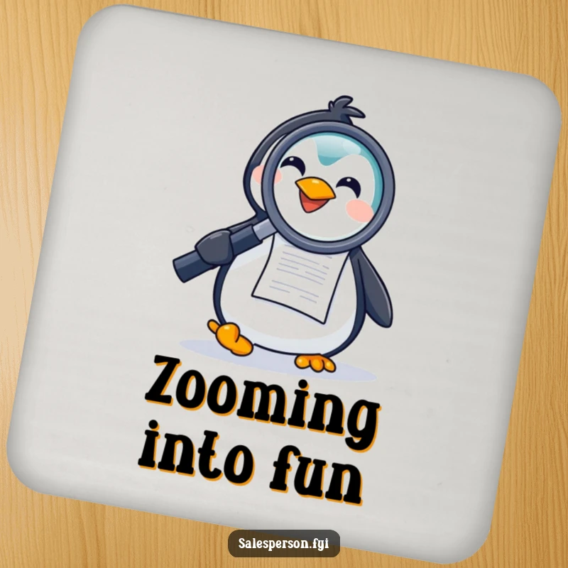 Funny drink coasters featuring a joyful penguin holding a large magnifying glass to a document, protecting surfaces with investigative humor.