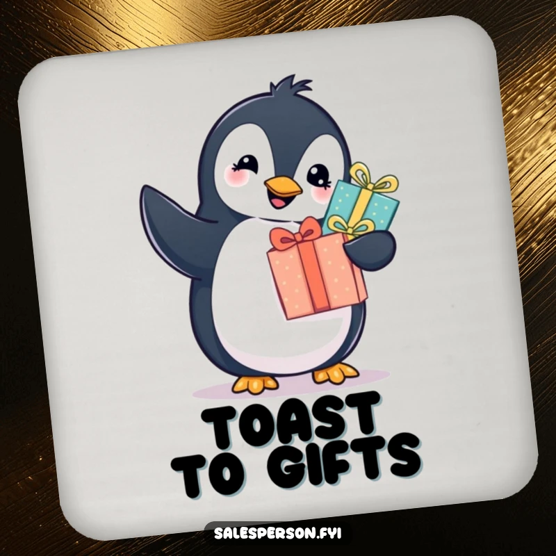 Funny penguin coaster showing a cheerful bird offering a wrapped gift, adding humorous charm to any surface. Cute gift.