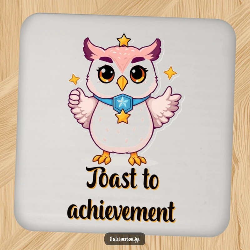 Funny drink coaster showing a proud owl with its badge, pointing to a golden star, adding a touch of class to surfaces.