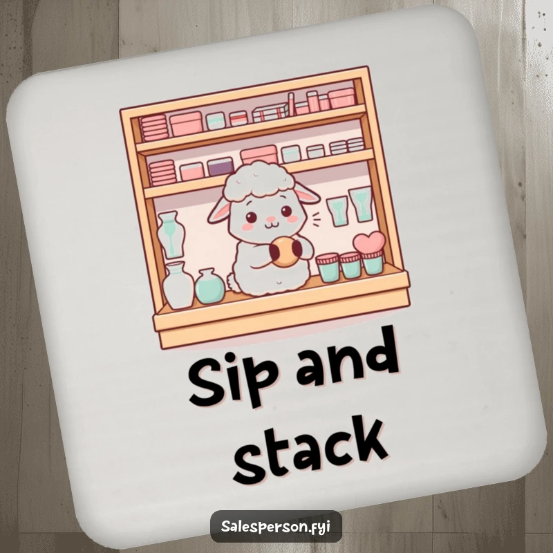Funny content sheep neatly arranging items on a shelf on a drink coaster, a symbol of calm order, a funny gift.