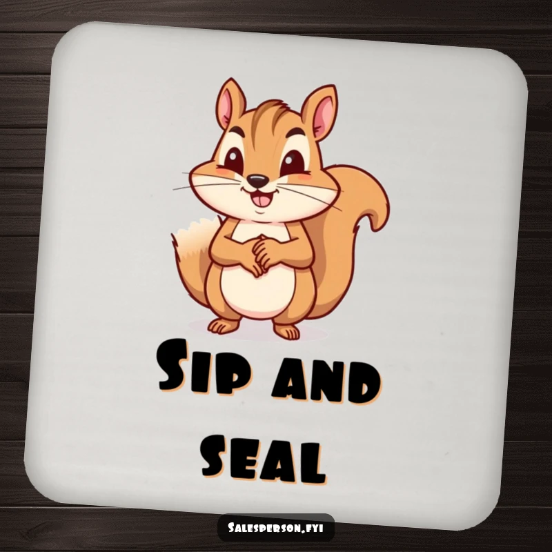 Funny squirrel making a business handshake on a drink coaster, a stylish and humorous accessory, funny gift.