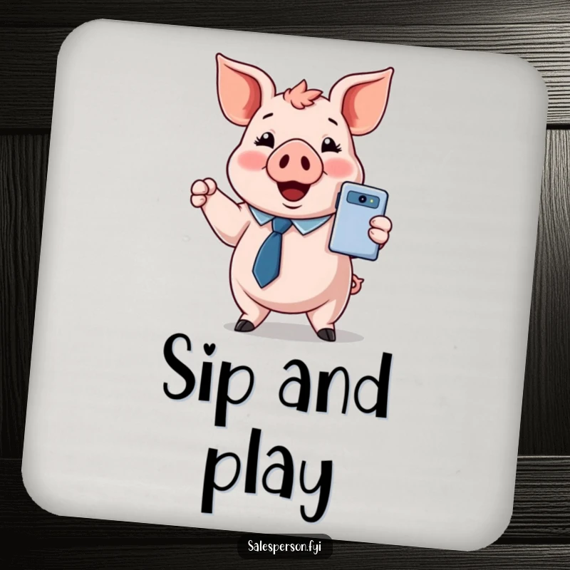 Funny drink coaster with a pig in a tie, presenting a shiny gadget, protecting surfaces with tech humor.