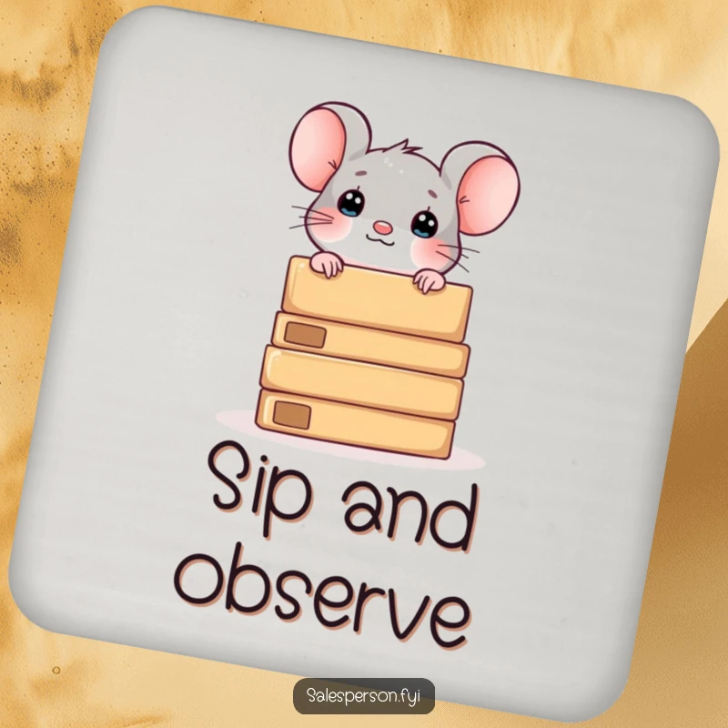 Funny drink coaster with a curious mouse peeking from behind boxes, adding playful charm.