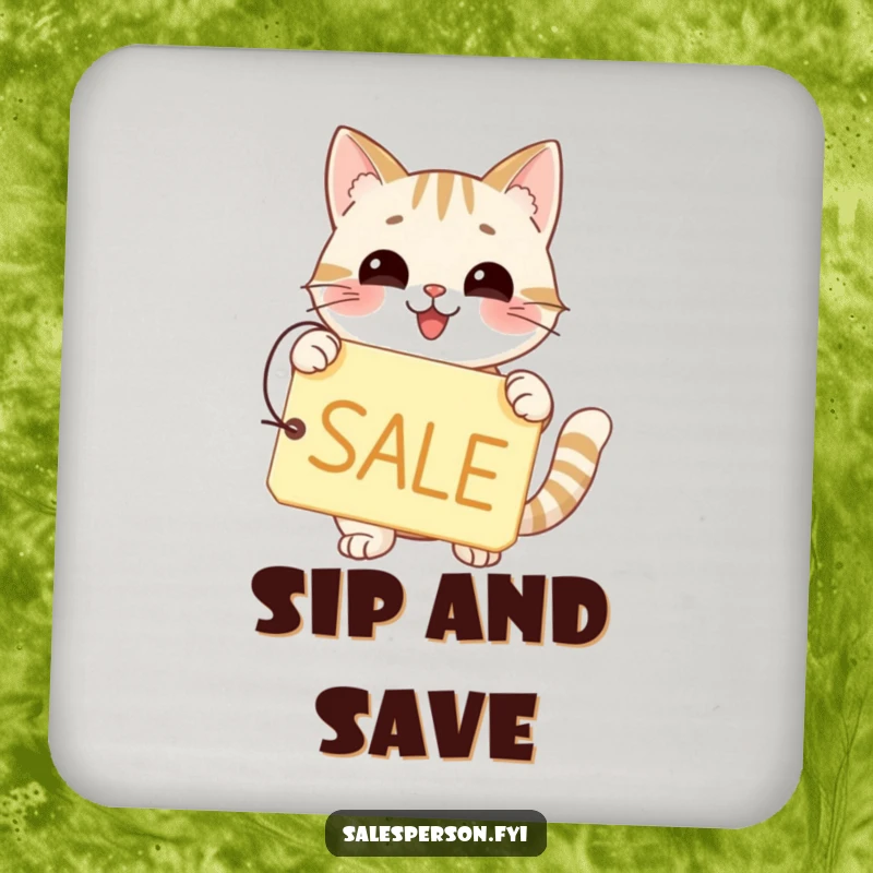 Funny drink coaster with a happy cat holding a price tag with a big SALE sign.
