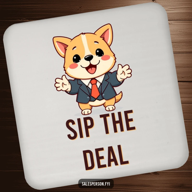 Funny dog business coaster with a cute dog in a suit shaking hands, protecting surfaces with professional charm.