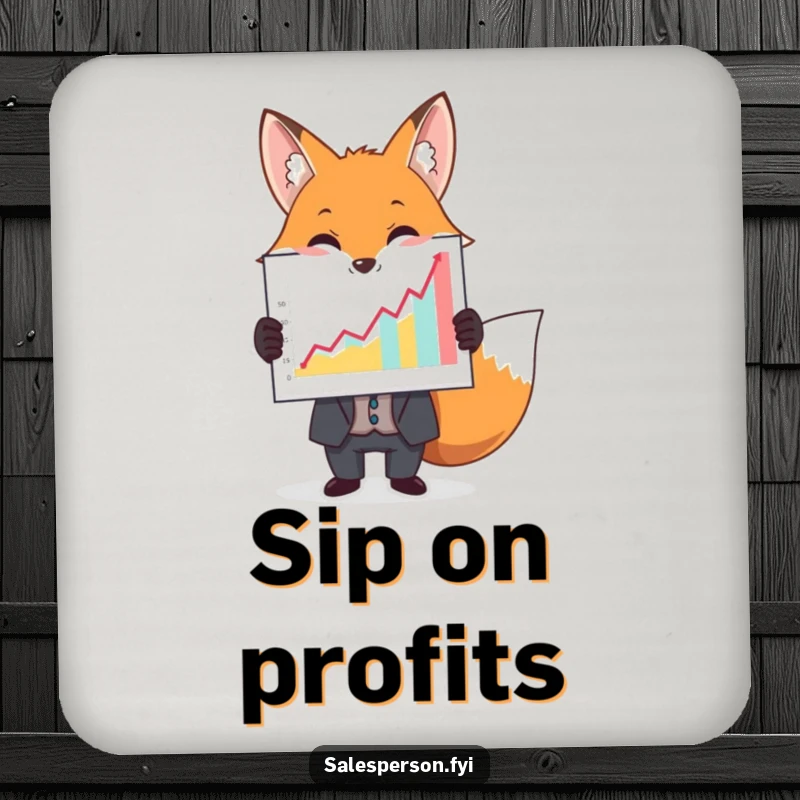 Funny drink coaster with a fox in a suit holding a large, colorful graph, protecting surfaces with business wit.
