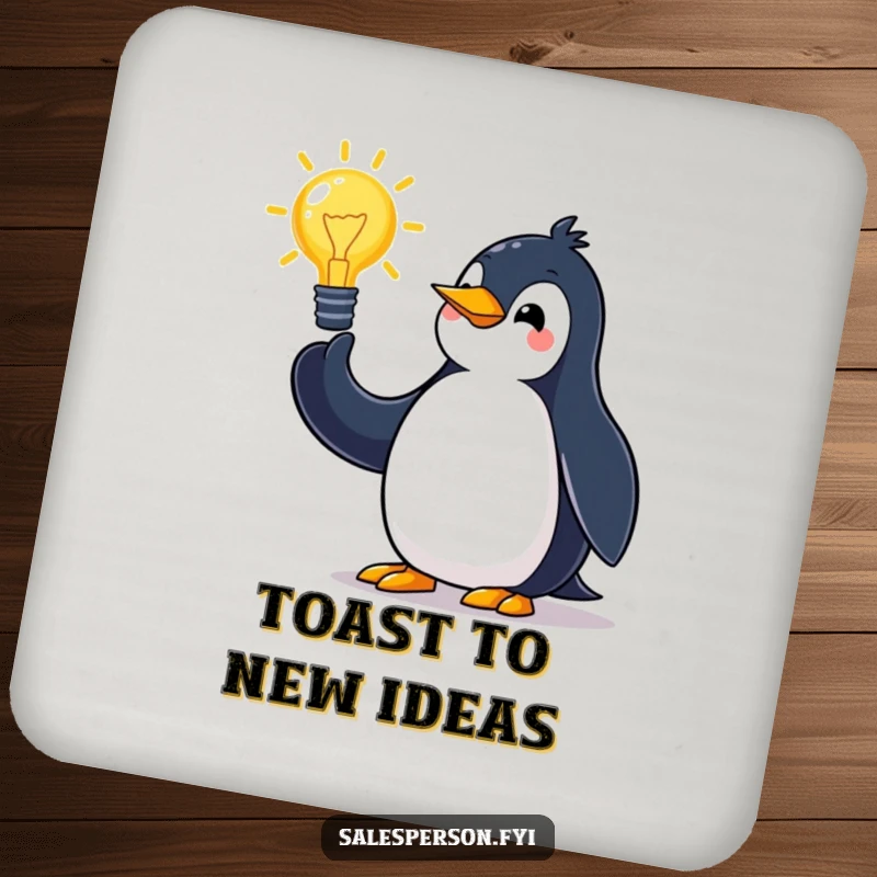 Funny penguin drink coaster with a jovial bird making grand gestures while pitching an idea, protecting surfaces with humor.