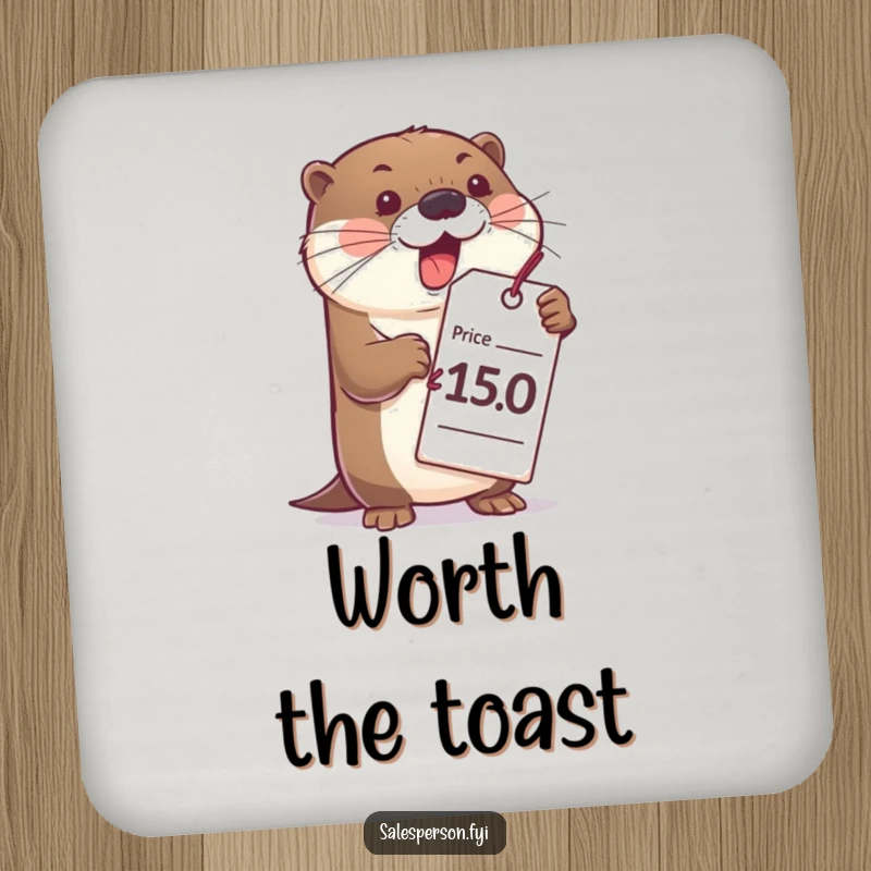 Funny otter drink coaster design, showing a bubbly otter with a large price tag, useful for humorous surface protection.