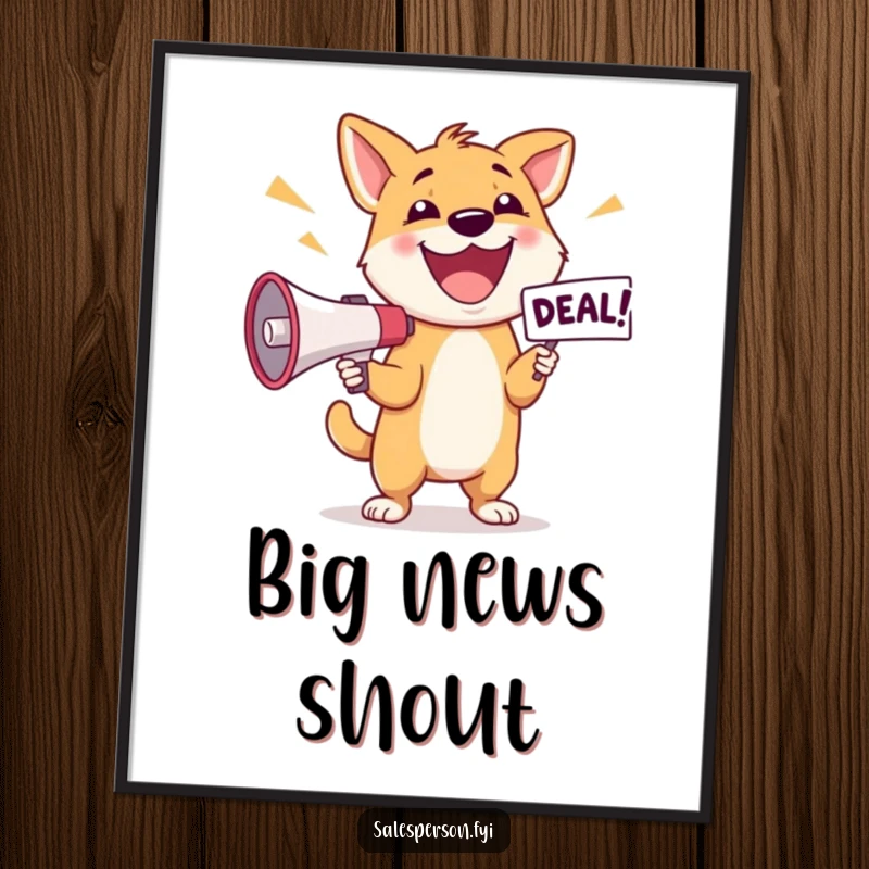 Funny Dog Deal Poster: Happy dog excitedly announcing a deal with a megaphone, perfect wall decor.