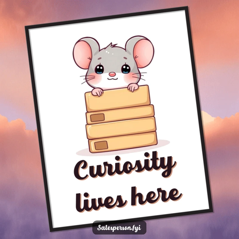 Funny poster showing a curious mouse peeking from behind boxes, adding whimsical decor and intrigue.