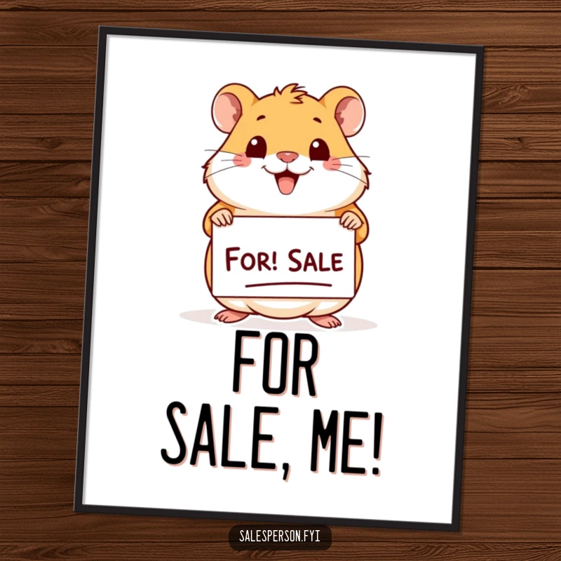 Funny Hamster For Sale Poster: Cheerful hamster with a big smile holding a 'For Sale' sign, perfect decor.