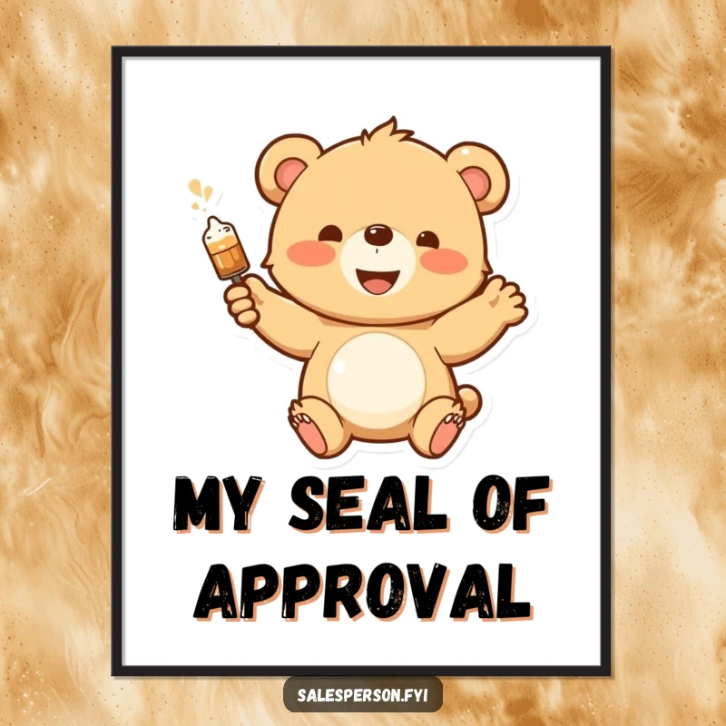 Funny poster print of a happy bear cub enthusiastically demonstrating a product with a flourish, creating a lively and humorous wall piece.