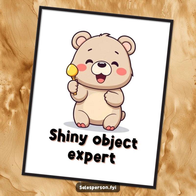 Funny poster of a cheerful bear enthusiastically presenting a shiny object to a delighted customer.