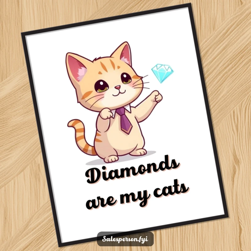 Funny poster of a cat wearing a tie, gesturing towards a sparkling diamond, symbolizing elegance and indulgence, a great funny gift.