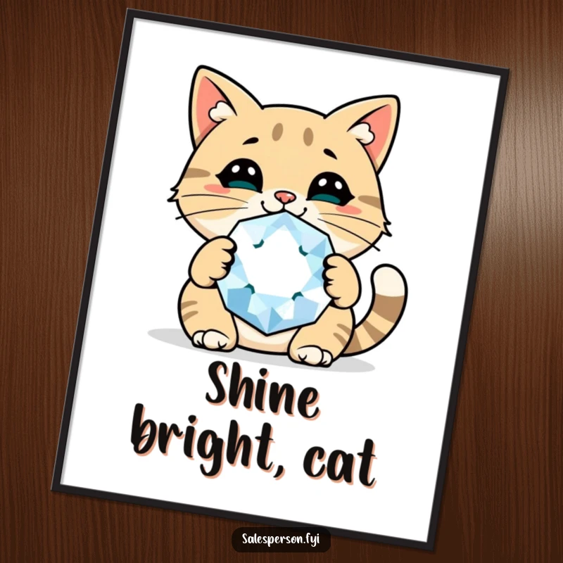 Funny cat gem poster showing a cheerful cat holding a giant sparkly gem, perfect for adding confident decor.