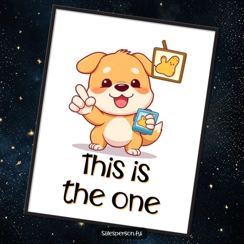 Funny Dog Poster, a determined dog enthusiastically gesturing towards a specific item, adding humor.