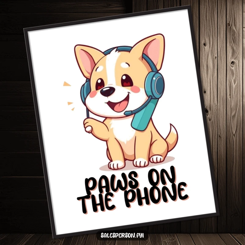 Funny poster of a dog wearing a headset, enthusiastically talking on a phone, symbolizing communication and fun, a great funny gift.