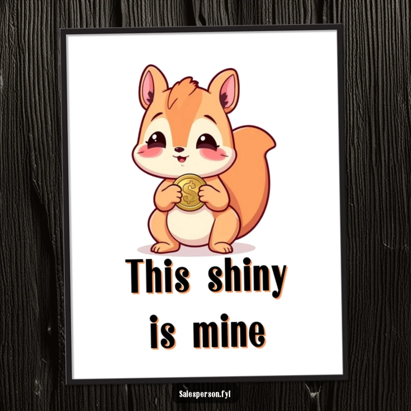 Funny poster art of a giggling squirrel holding out a sparkling coin, conveying a message of playful generosity and luck.