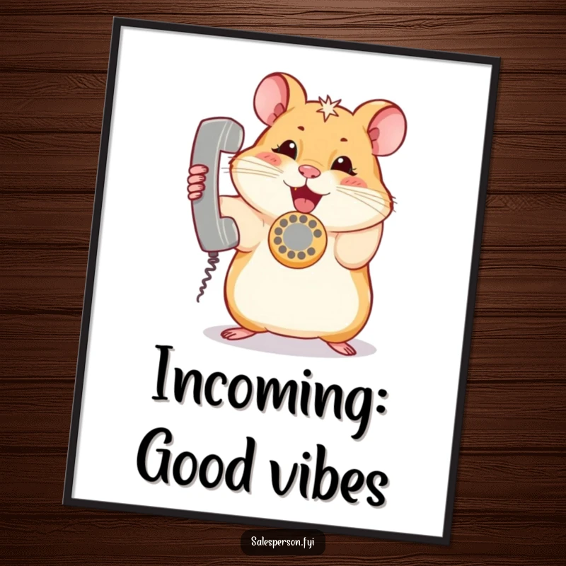 Funny hamster poster showing a curious rodent holding a ringing telephone, adding humorous animal art to any room.