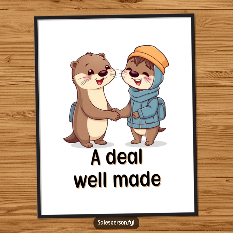 Funny Poster art of a smiling otter shaking hands with a delighted customer, symbolizing successful partnerships and happy clientele.