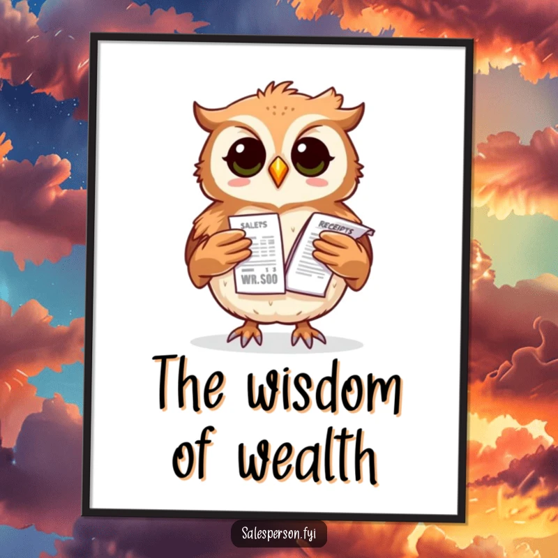 Funny owl poster depicting a proud bird balancing a stack of sales receipts, adding humorous animal art to any room.