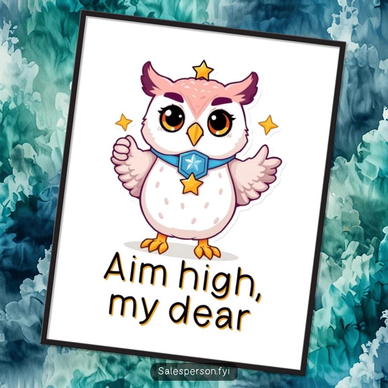 Funny poster featuring a dignified owl wearing a badge, its wing extended towards a prominent golden star, symbolizing recognition.