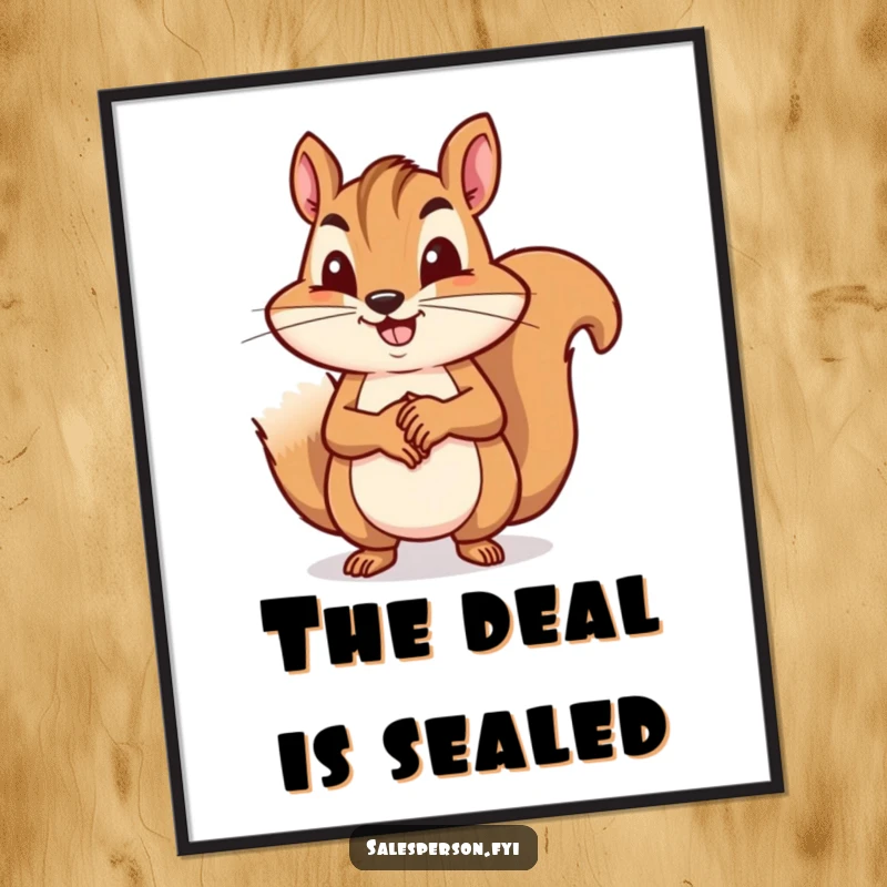 Funny squirrel performing a successful business handshake, displayed as motivational poster art, a funny gift.