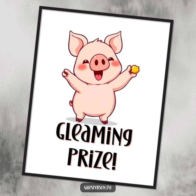 Funny Pig's Shiny Find Poster: Cute pig enthusiastically showing off a shiny item, perfect wall decor.