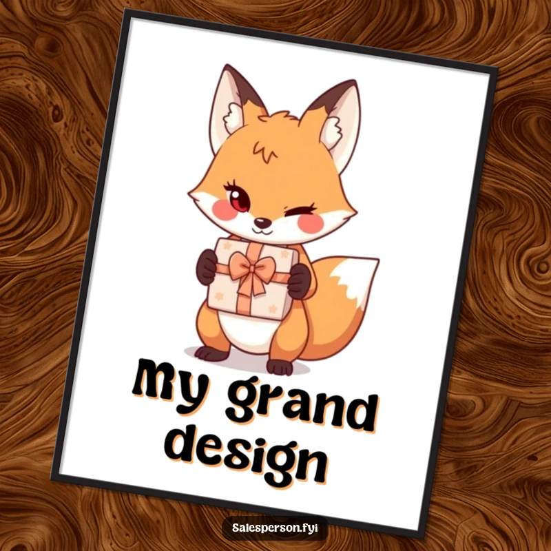 Funny sly fox poster print, featuring a playful wink and a gift box, adding humorous charm to any wall.