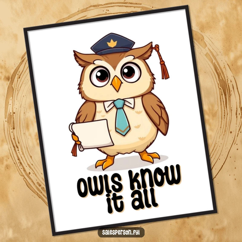 Funny poster print of a proud owl wearing a tie and holding a diploma, celebrating academic success with sophisticated humor.