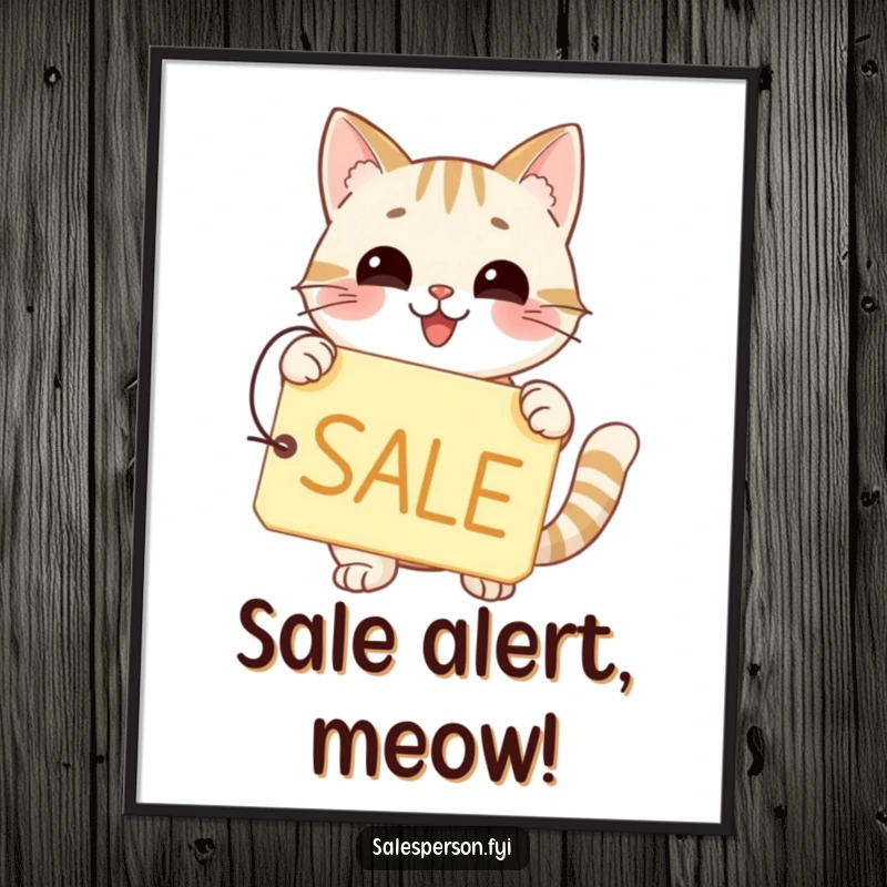 Funny poster of a happy cat holding a price tag with a big SALE sign, looking excited.