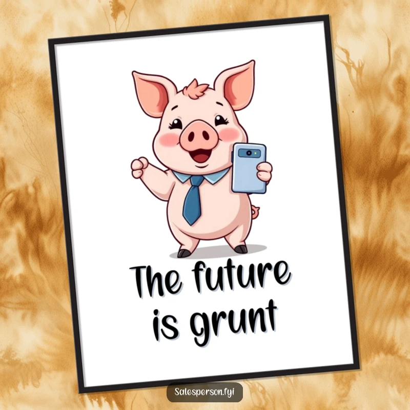 Funny poster featuring a cheerful pig in a tie, proudly holding up and presenting a shiny new gadget.