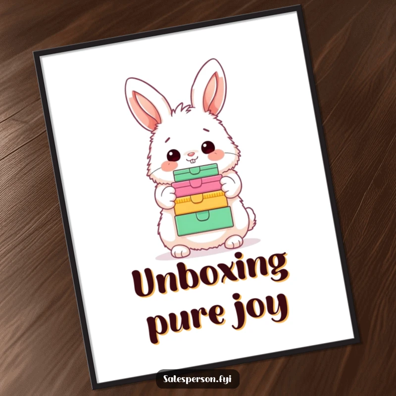 Funny Bunny Poster: A fluffy bunny with a happy nod, showcasing a delightful stack of colorful boxes, perfect wall art.