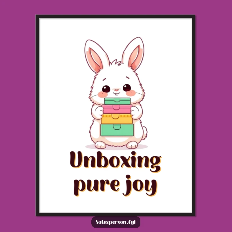 Funny Bunny Art Print - Whimsical Fluffy Character Showing Boxes Hilarious Wall Decor